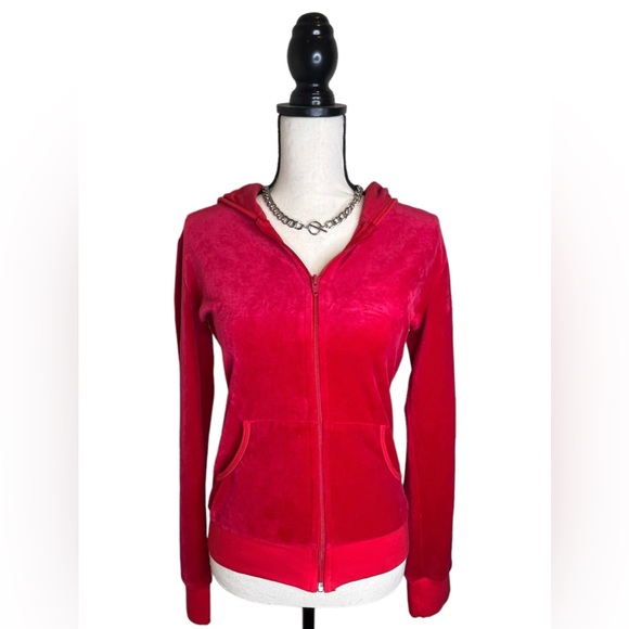 Vintage Sweatsedo Bedazzled Velour Red Zip Up Hoodie Size Medium - Picture 7 of 8